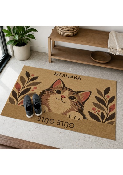 Kartela Halı Merhaba Güle Güle Kedili Kapı Paspası Koko Kaymaz Kauçuk Taban Yıkanabilir 40x60 Cm