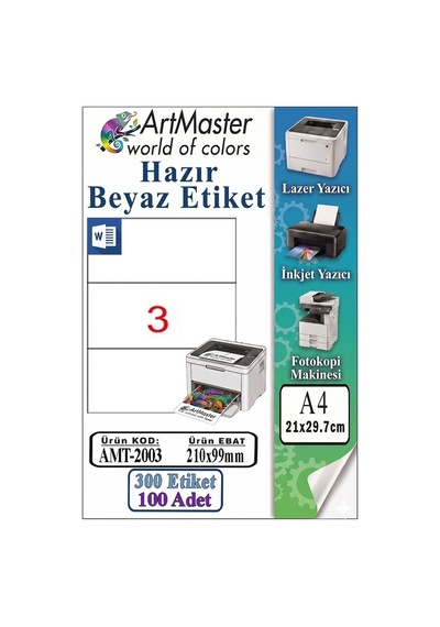 A4 Hazır Beyaz Etiket 210x99 Mm 100 Sayfa 1 Paket 3 Lü Kendinden Yapışkanlı Fotokopi Lazer İnkjet Kağıdı Yazıcılar İçin