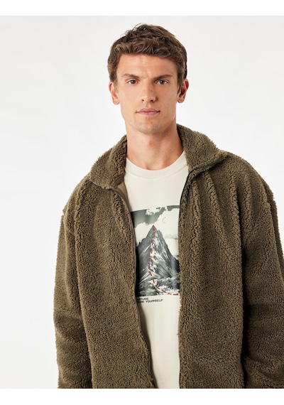 Koton Regular Fit Fermuarlı Cepli Dik Yaka Uzun Kollu Peluş Ceket Haki 7wam50001mk