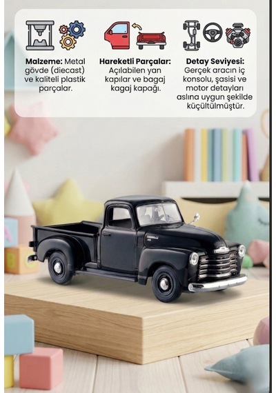 Maisto Lisanslı 1950 Chevrolet 3100 Pickup Kapıları Açılan - 1:25 Ölçekli Metal Oyuncak Model Araba