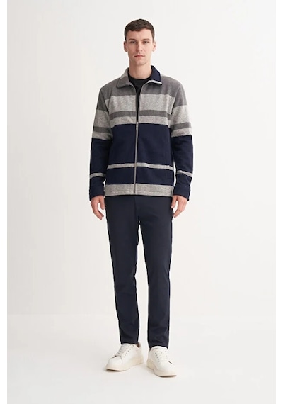 Cazador Hazır Örme Çizgili Vintage Yün Karışımlı Regular Fit Fermuarlı Sweat Hırka Gri