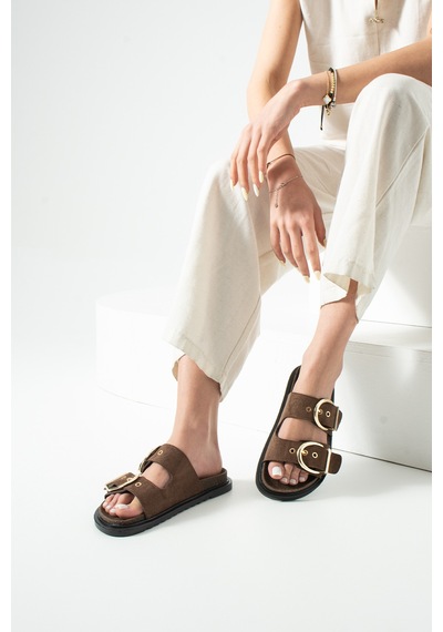 Duxal Shoes Renata Kahverengi Süet Çift Bantlı Gold Tokalı Konfor Taban Kadın Terlik Acıkahve Süet