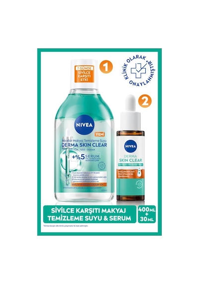 Derma Skin Clear Sivilce Karşıtı Cilt Serumu 30ml Ve Micellar Makyaj Temizleme Suyu 400ml,niasinamid