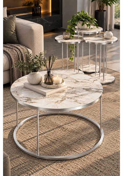 Sulorahome Gümüş Metal Ayaklı Mermer Desenli 4'lü Sehpa Seti Beyaz Mermer - Gümüş