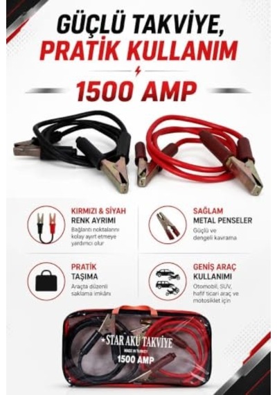 Busstier Akü Takviye Kablosu, Araç Akü Destek Kablosu, Otomobil, Suv, Hafif Ticari Araç Ve Motosiklet İçin Taşıma Çantalı, 1500 Amp