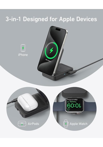 Anker Maggo Wireless Charging Station 15w Foldable 3 İn 1- Black B2557212