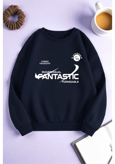 Uyguntarz Unisex Fantastic Baskılı Oversize Sweatshirt Lacivert