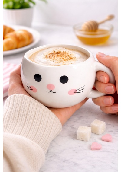 Sevimli Kedi Tasarımlı Seramik Kupa Kahve & Latte Bardağı Dekoratif Hediye Kupa Beyaz