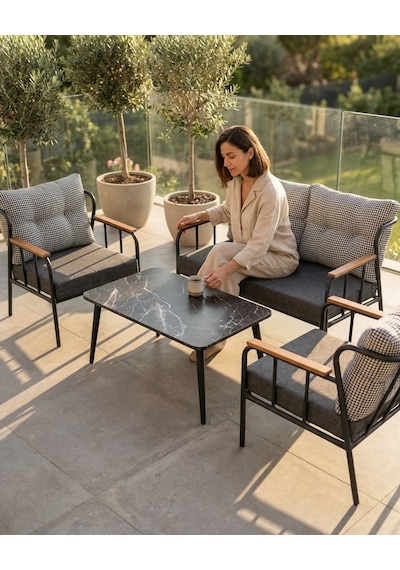 Paris 2+1+1+sehpa Metal Balkon Takımı Keten Dokulu Kumaş Siyah Metal - Bahçe Teras Oturma Grubu