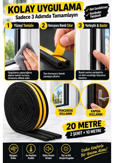 Siyah Kapı Pencere Yalıtım Bandı 20 Metre 2x10 M Kendinden Yapışkanlı Kauçuk Sünger Fitil, Isı V