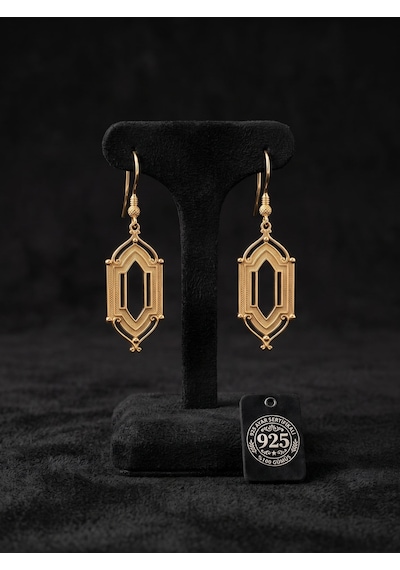 925 Ayar Geleneksel Telkari El İşçiliği Gold Pencere Motifli Kancalı Gümüş Küpe