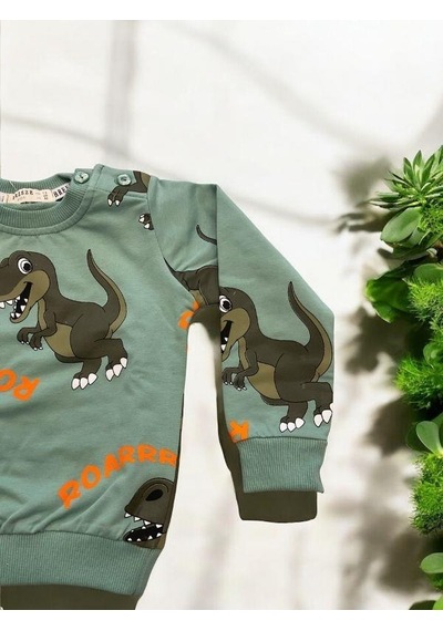 Erkek Çocuk Pamuklu Dinozorlu Eşofman Takım-15174 Yeşil