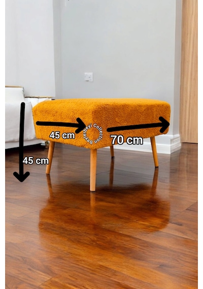 Retro Gürgen Ceviz Renk Ahşap Ayaklı Geniş Oturum Alanlı Özel Tasarım Kare Bench Turuncu Turuncu