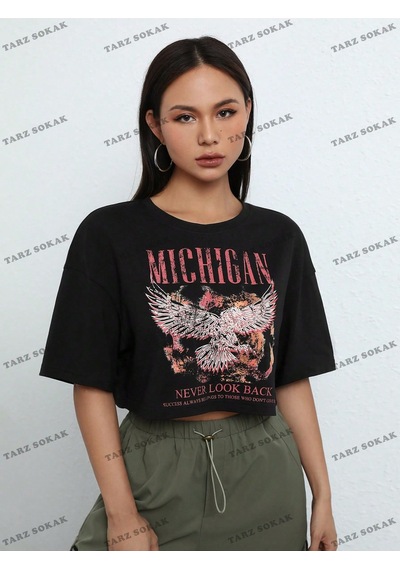 Flood Of Style Crop Ckod-232913 Kartal Ve Slogan Grafikli Düşük Omuz Kısa Siyah