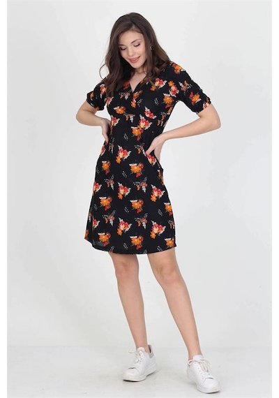 Neşeli Butik Kadın Kruvaze Yaka Çiçek Desenli Örme Krep Mini Elbise Nb10022 Siyah