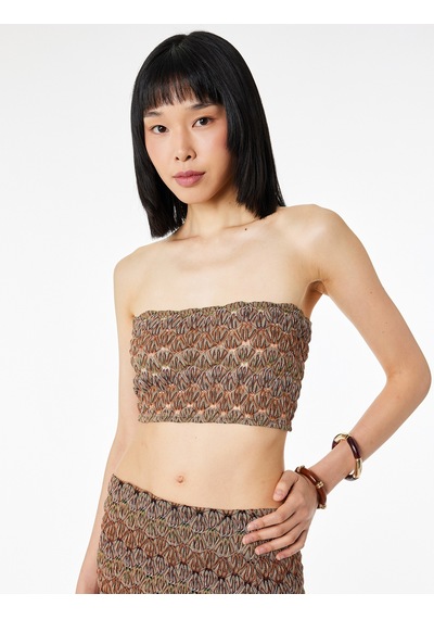 Koton Slim Fit Desenli Straplez Crop Kroşe Top Turuncu Desenli 6sak10330ek
