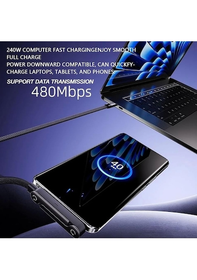 Store Type-c Pd 240w Örgülü Yassı Data Şarj Kablosu 480 Mbps Stand Özellikli