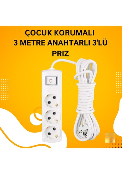 3'lü Ara Kablo Anahtarlı Topraklı Üçlü Priz 3 Metre 1