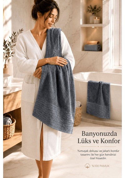 2'li Büyük Boy Banyo Havlusu 90x150 Cm %100 Pamuk Siena Collection 650 Gr İndigo