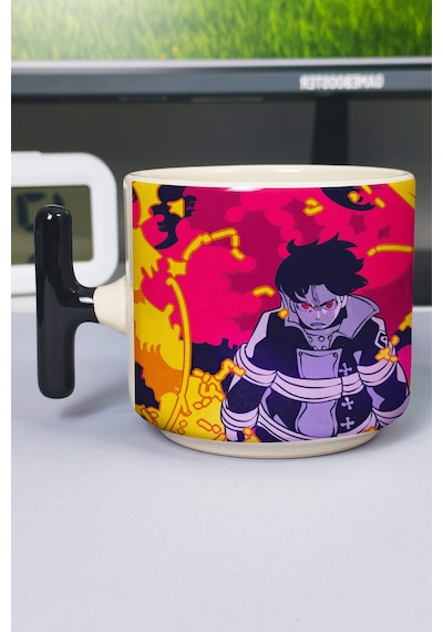 Fire Force Anime Baskılı Seramik Lüks Kupa 1 Adet T Şeklinde Özel Siyah Kulp Dalga Kulp V4t Çok Renkli