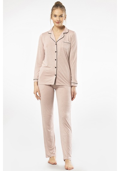 Türen 3365 Kadın Uzun Kollu Gömlek Yaka Pijama Takım-pudra Pudra