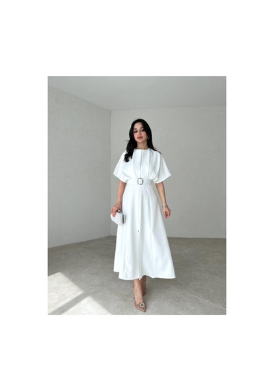 Afiş Butik Kemer Detaylı Yırtmaçlı Piliseli Midi Elbise Beyaz Beyaz