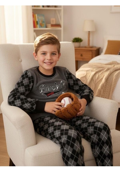 Zekids Erkek Çocuk Basketball Baskılı Polar Pijama Takımı-16814 Grı