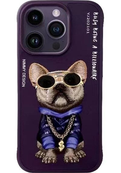 Apple Uyumlu iPhone 15 Pro Dog Serisi Nakış Gözlük Zincir Detaylı Kılıf