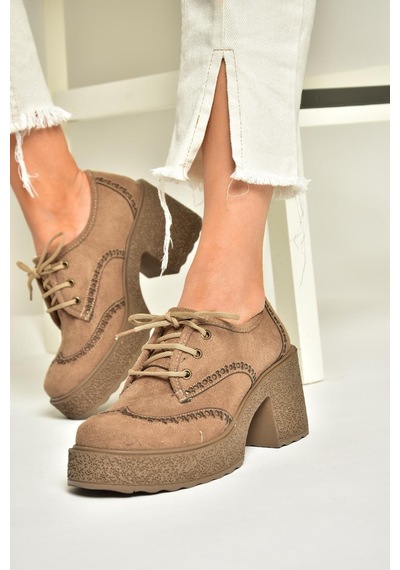 Fox Shoes T996157002 Vizon Süet Kalın Topuklu Kadın Ayakkabı vizon