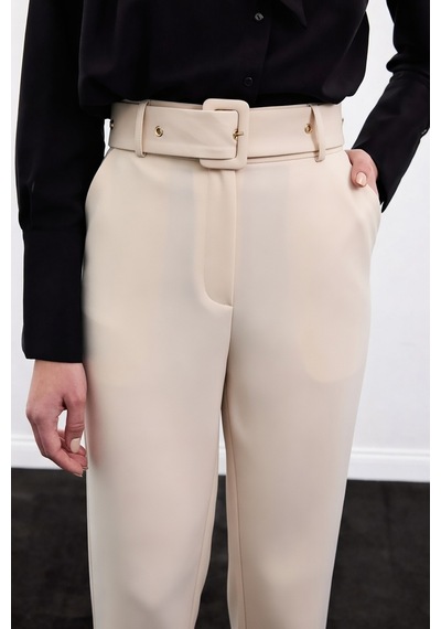 Sateen Kemerli Pantolon - Bej-136909 Bej