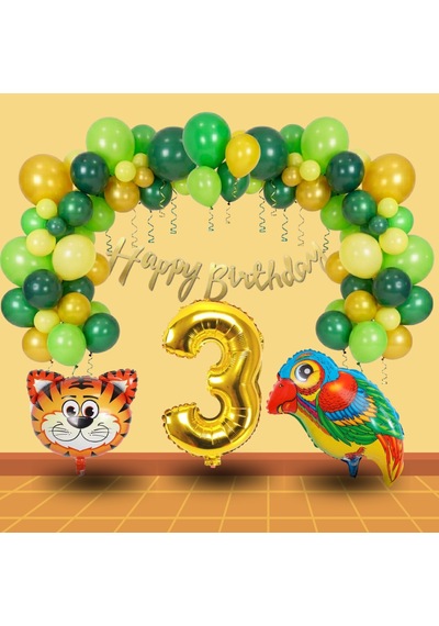 3 Yaş Pompa Hediyeli Safari Tema Folyo Kaplan Papağan Gold Rakam Yeşil Sarı Gold Balon Doğum Günü Süsü Çok Renkli