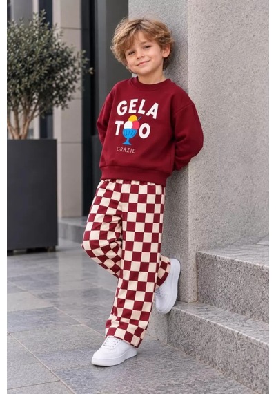 Veraura Lifestyle 3-10 Yaş Dondurma Baskılı 3 İplik Şardonlu Cool Çocuk Takımı Bordo