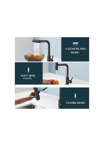 Rena Design Çok Modlu Siyah Mutfak Evye Bataryasi Spiralli Çek Birak Başlik Yağmurlama
