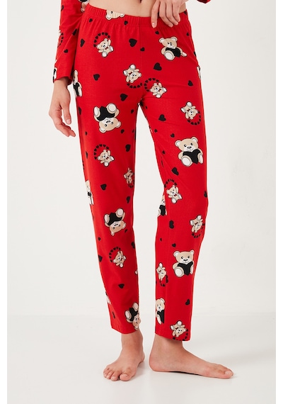 Lela Streç Standart Fit Desenli Bayan Pijama Takımı 60956602 Kırmızı