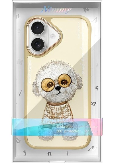 Apple Uyumlu iPhone 16 Gerçek Nakış İşlemeli Gözlük Ve Zincir Aksesuarlı 3d Köpekli Kılıf Şeffaf