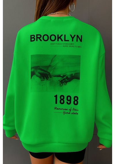 Benroma 3 İplik Penye Brooklyn Baskılı Unisex Sweatshırt Yeşil