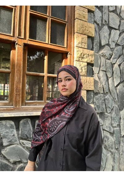 Modakaşmir Aminenesil Etnik Desen Soft Pamuk Şal Kırmızı Siyah Renk
