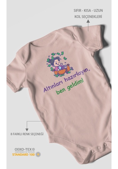 Altınları Hazırlayın, Ben Geldim Baskılı Bebek Zıbını Çıtçıtlı Body %100 Pamuk Kısa Kol Pastel Pembe