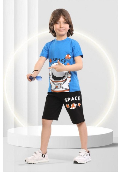 Veramoni Yazlık Çocuk Space Baskılı Kısa Kollu Bisiklet Yaka T-shirt Şort Alt Üst Takım Mavi