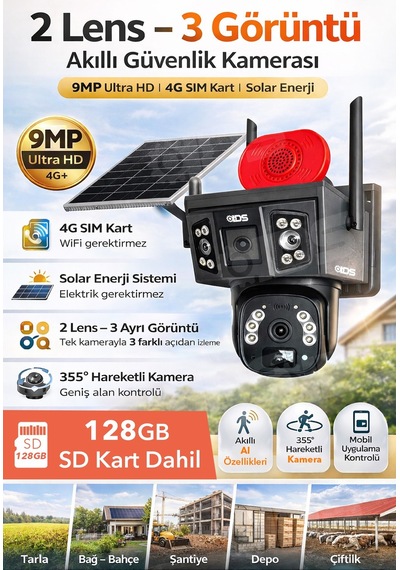 3 Görüntü 2 Lens 9mp 360 4g Güneş Enerjili Solar Kamera - Dual Led Gece Renkli 128gb Sd Kart Dahil