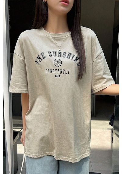 Unisex The Sunshine Baskılı Tasarım Tshirt Bej