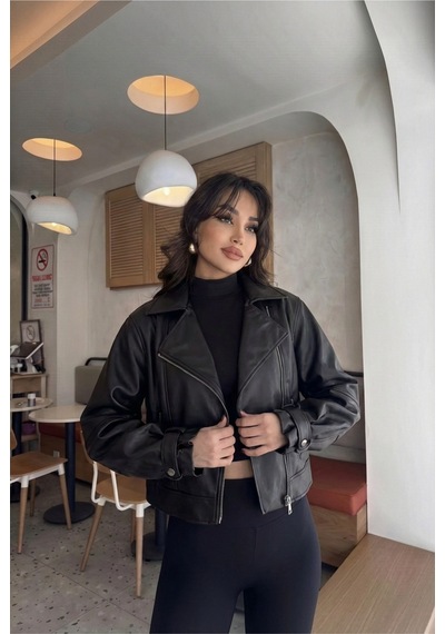 Laleli Butik Kadın Siyah Oversize Deri Ceket Siyahh Siyahh