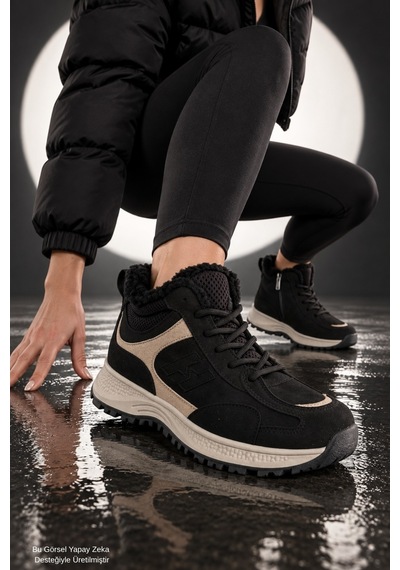 Muggo Nortex Kürklü Fermuarlı Kalın Taban Bağcıklı Kışlık Kadın Sneaker Bot Siyah