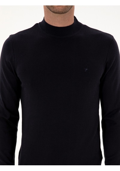 Cacharel Lacivert Slim Fit Pamuk Karışımlı Çeyrek Balıkçı Yaka Basic Triko Kazak