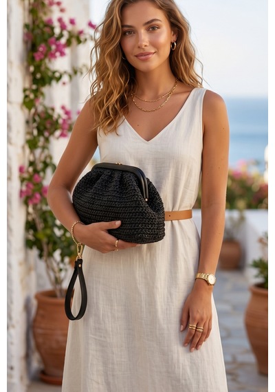Vivazzaluxe Vintage Model Örme Hasır Kadın Portföy Clutch Çanta Siyah