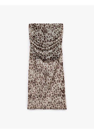 Koton Astarlı Slim Fit Drapeli Leopar Desenli Midi Boy Tül Etek Kahverengi Desenli 5sak10085uk