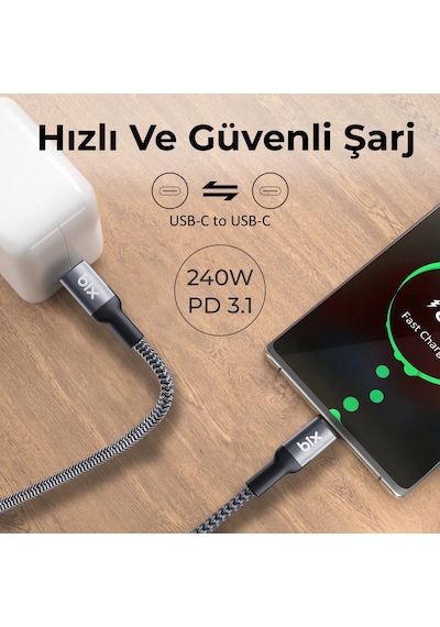 Bix BXCC241 240 W 1.8 M Metal Başlık Type-C Şarj Data Kablosu