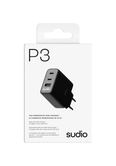 Sudio P3 Gan Güç Adaptörü Usb,type C 65w SİYAH