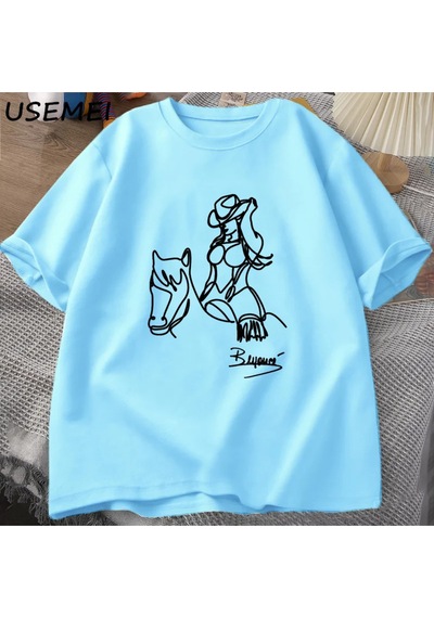 Flood Of Style Beyonce Rönesans Dünya Turu T-shirt Erkek Kadın Pamuk Baskı T-shirt Yaz Rahat Kısa Kollu Tee Mavi