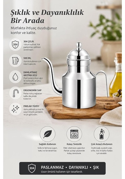 Komple 304 Çelik Silver 500 Ml Yağdanlık Sosluk Ve Sirkelik Mt271by